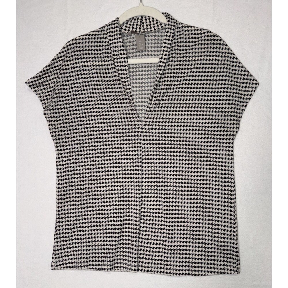 H&M Black/White Houndstooth Short Sleeve V-Neck Blouse Top Sz SM Business Dressy